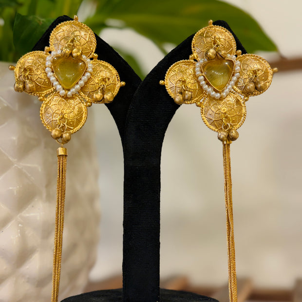 Coin Kundan Stone Pearl Chain Tassel Kashmiri Earrings