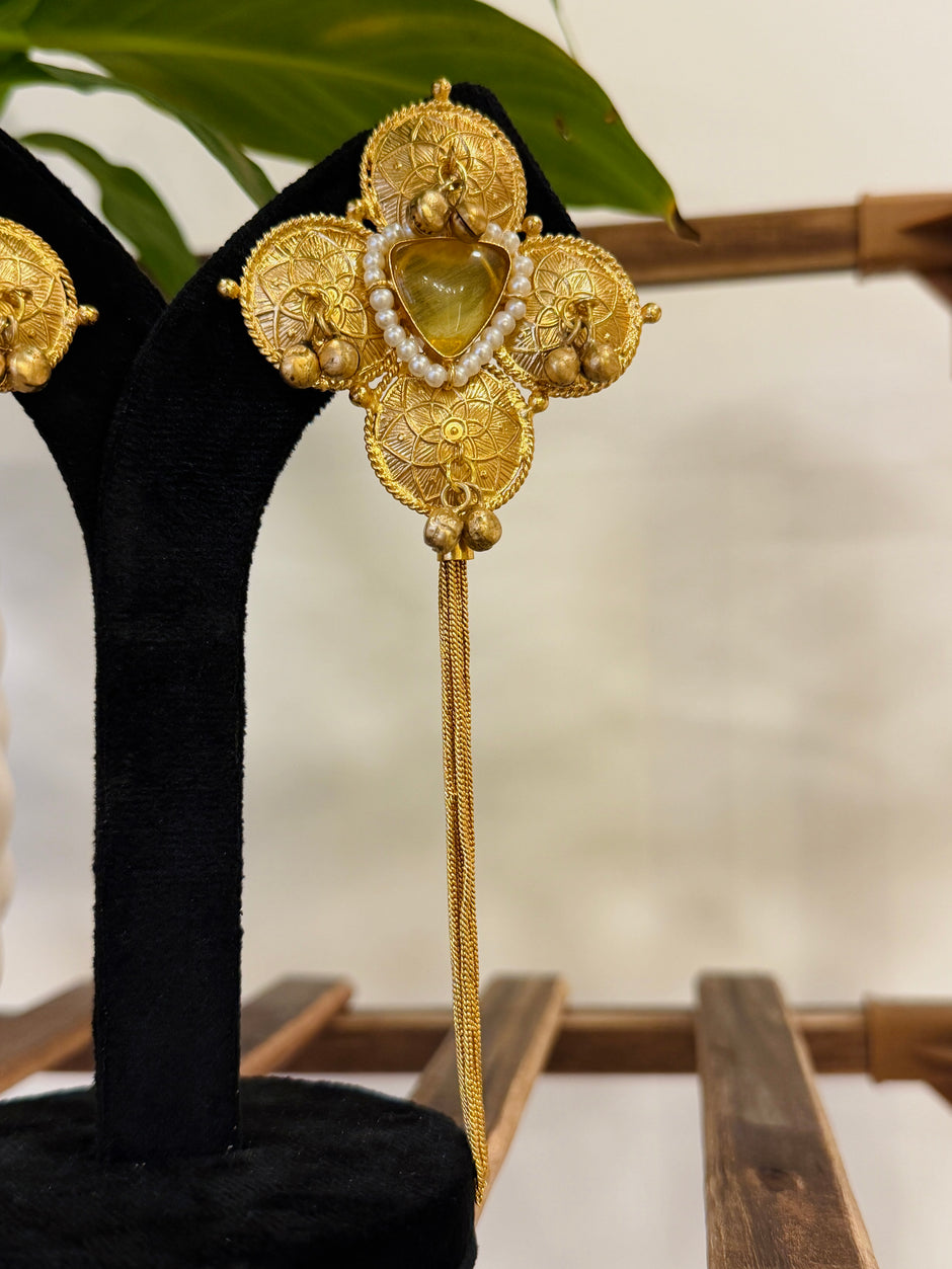 Coin Kundan Stone Pearl Chain Tassel Kashmiri Earrings