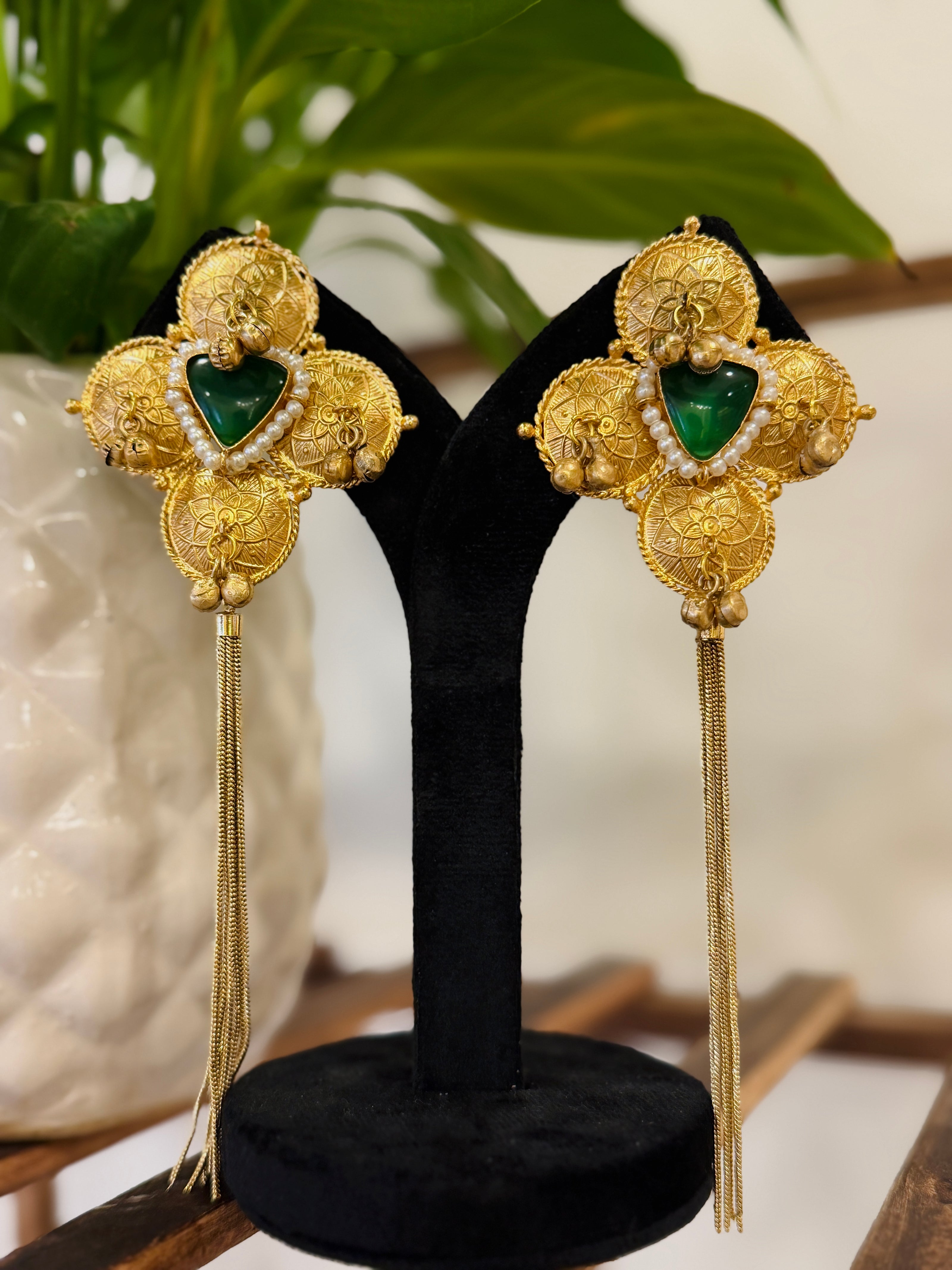 Coin Kundan Stone Pearl Chain Tassel Kashmiri Earrings