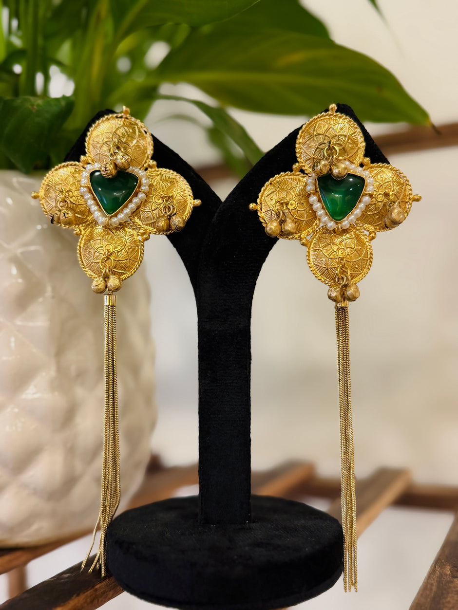 Coin Kundan Stone Pearl Chain Tassel Kashmiri Earrings