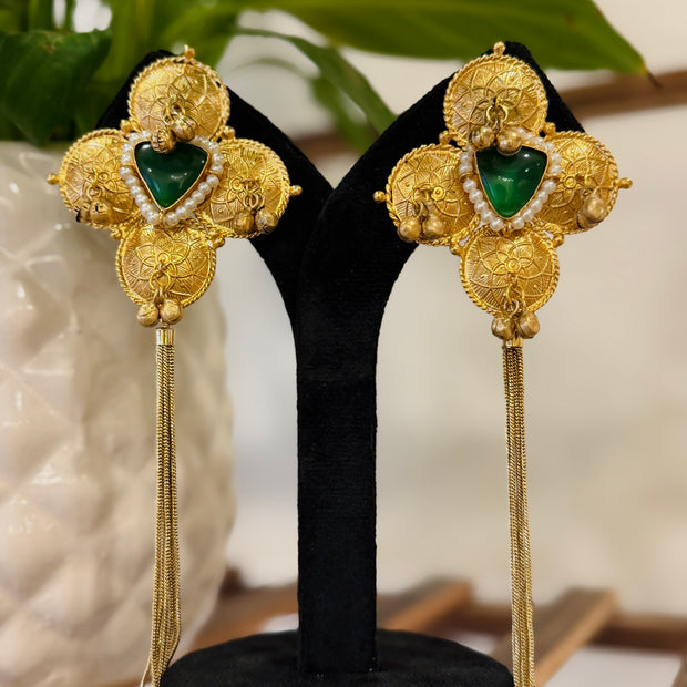 Coin Kundan Stone Pearl Chain Tassel Kashmiri Earrings