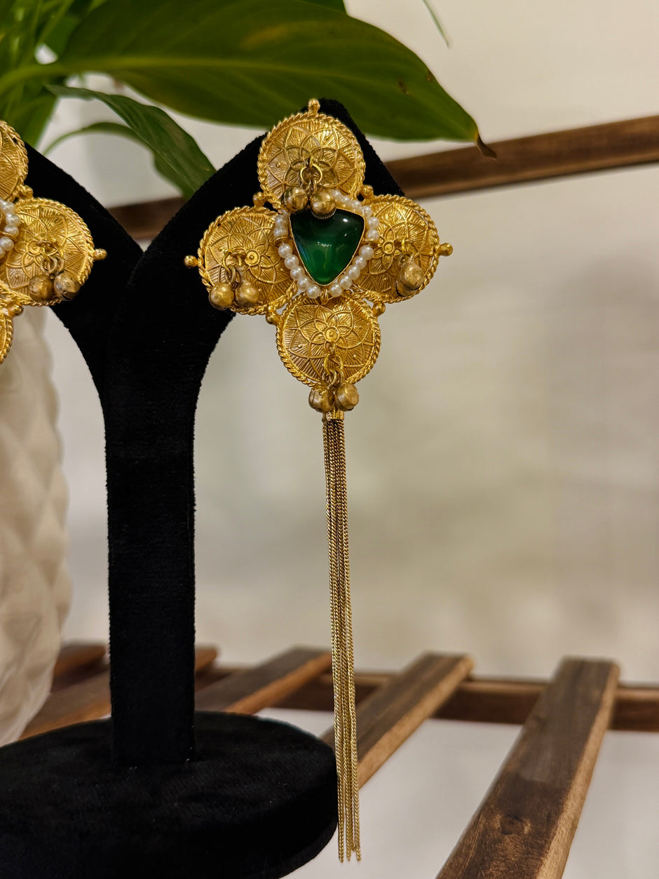 Coin Kundan Stone Pearl Chain Tassel Kashmiri Earrings