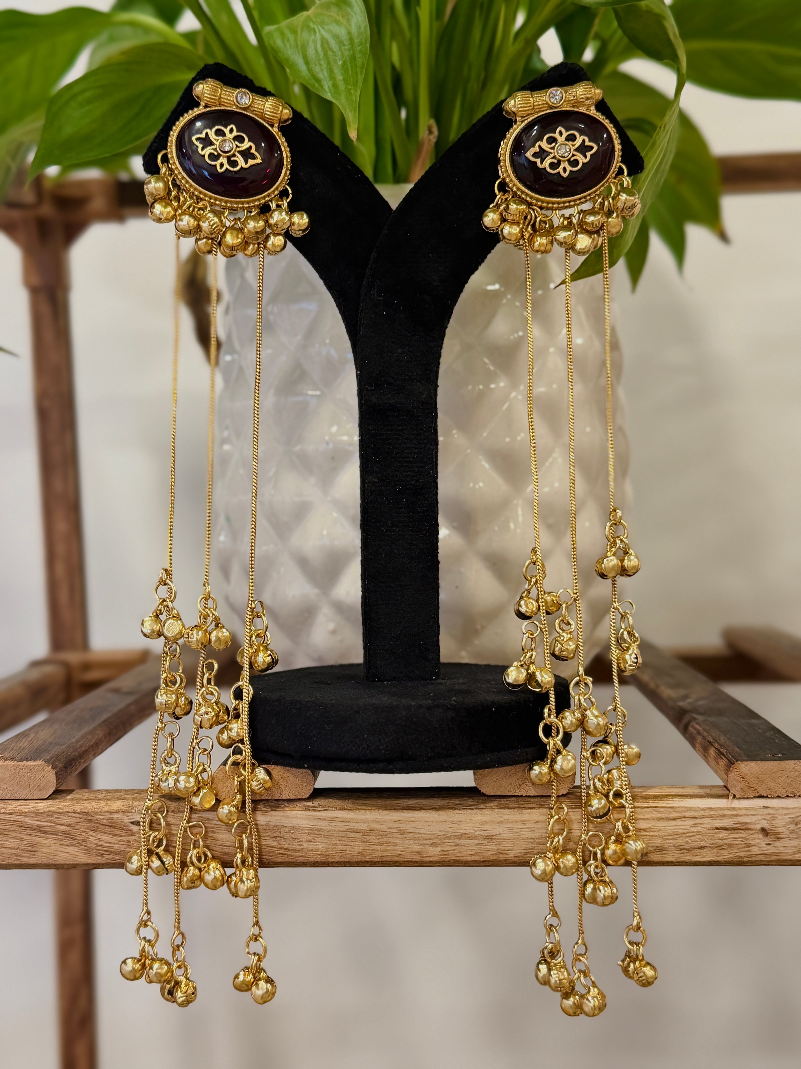 Long Oval Ghungroo Tassel Kashmiri Earrings Set