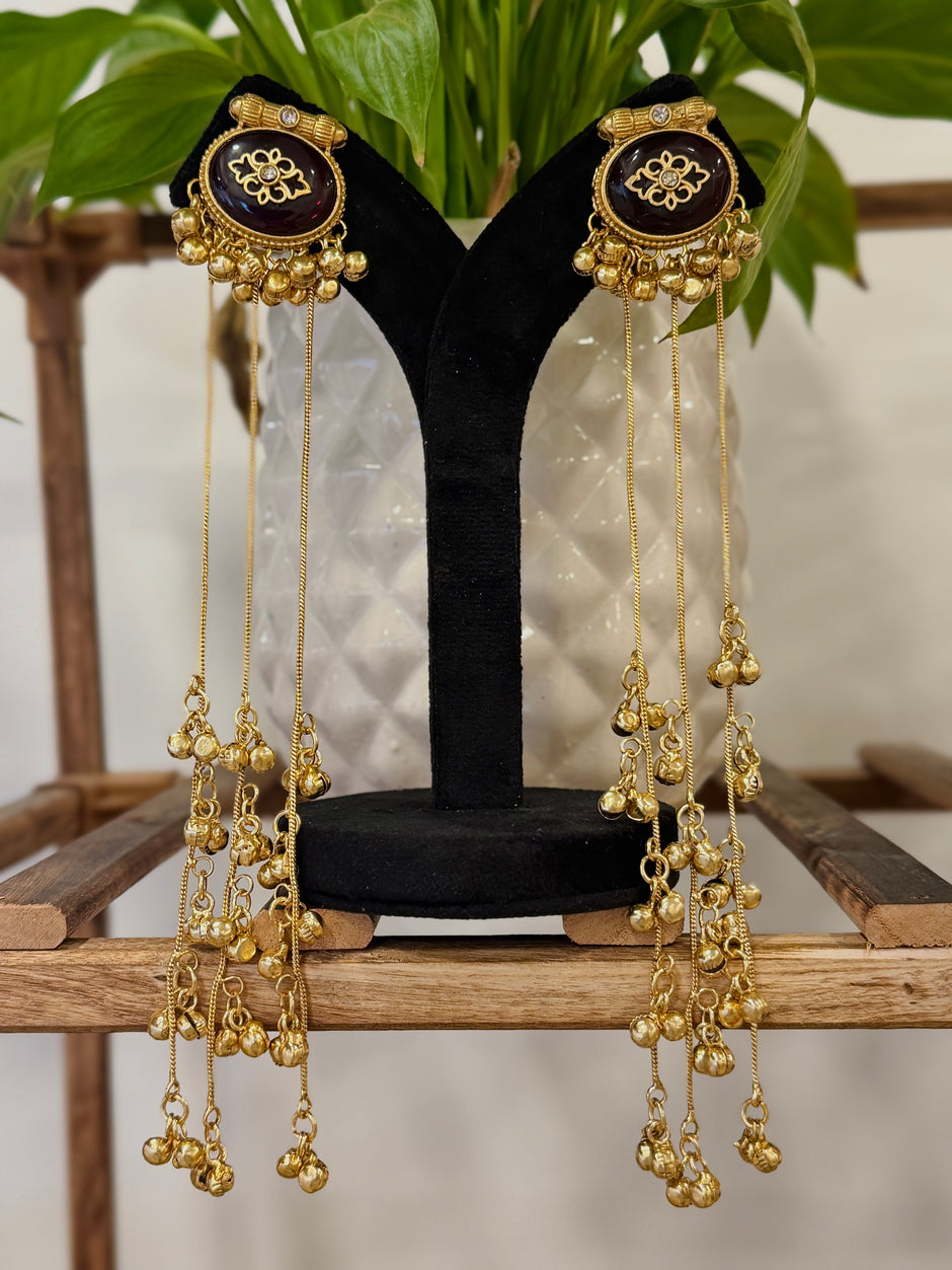 Long Oval Ghungroo Tassel Kashmiri Earrings Set