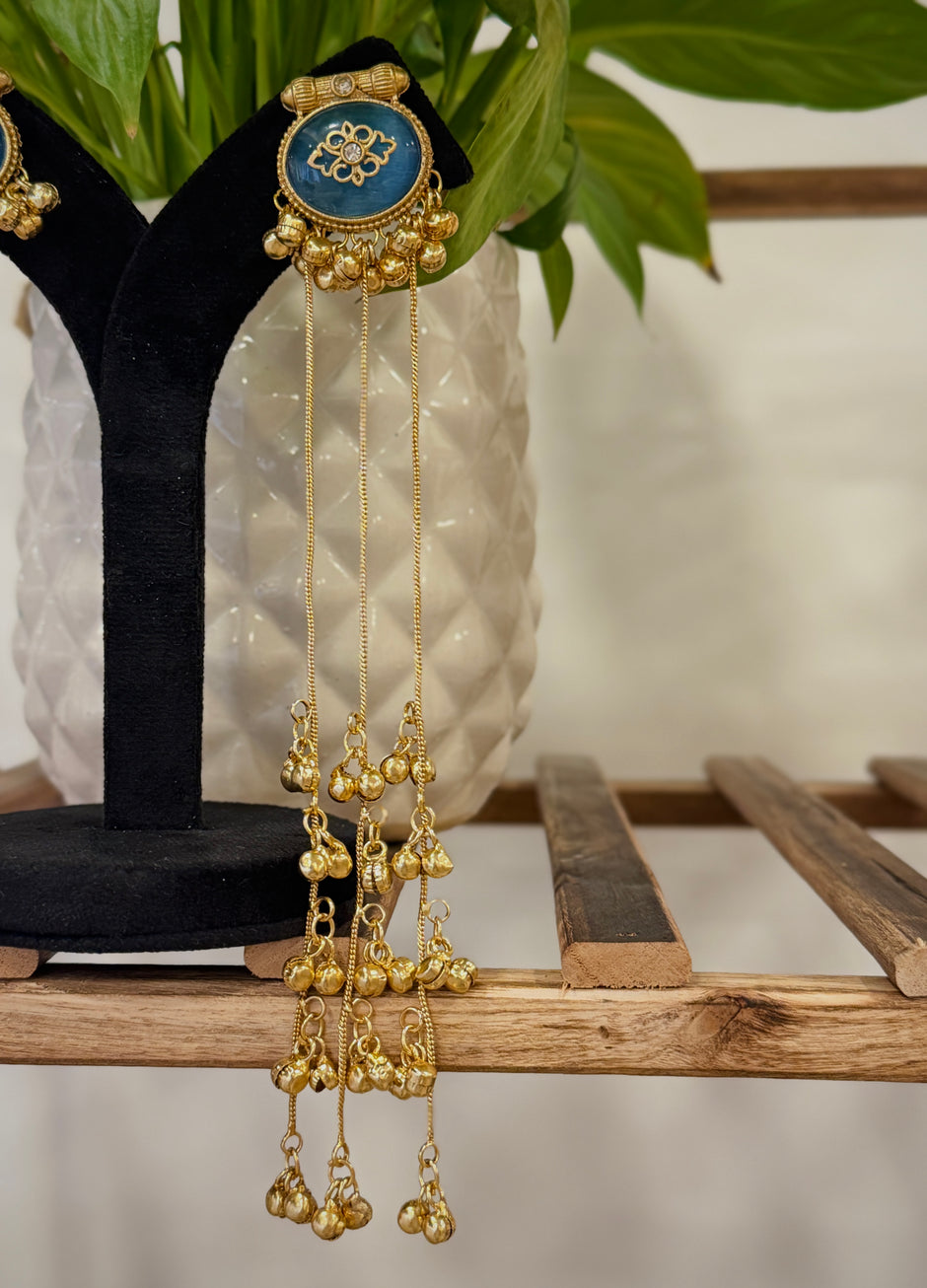 Long Oval Ghungroo Tassel Kashmiri Earrings Set