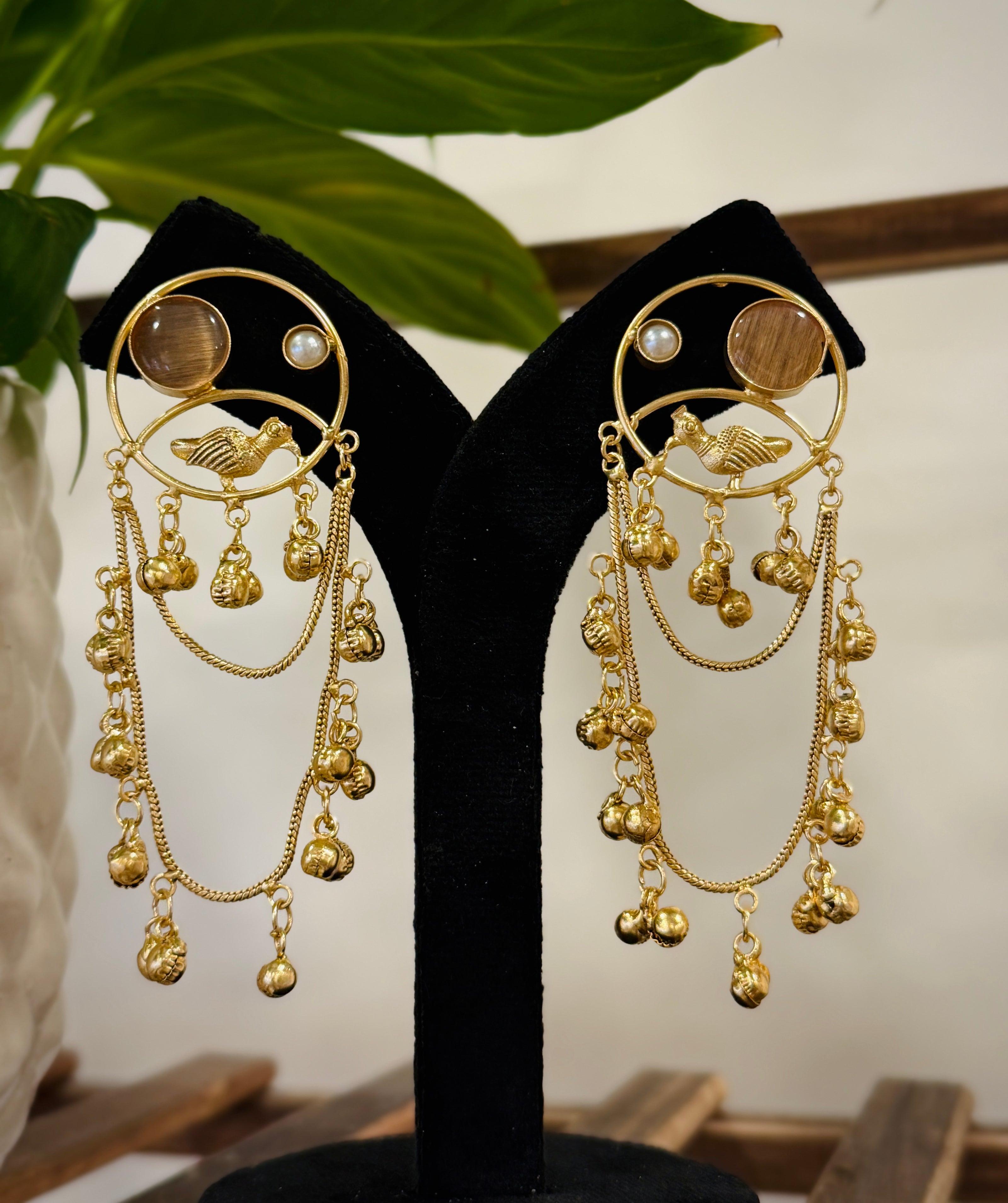 Golden Bird Motif Ghungroo Chain Earring Set