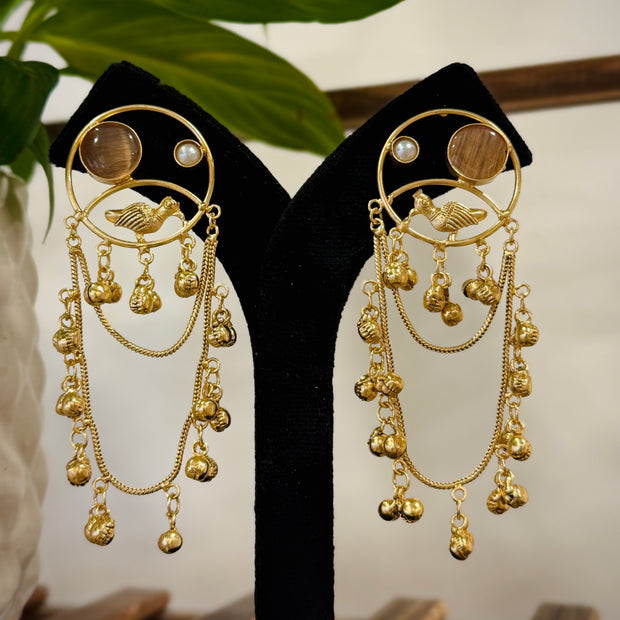 Golden Bird Motif Ghungroo Chain Earring Set