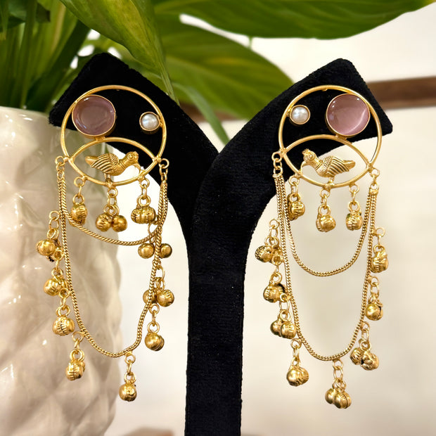 Golden Bird Motif Ghungroo Chain Earring Set
