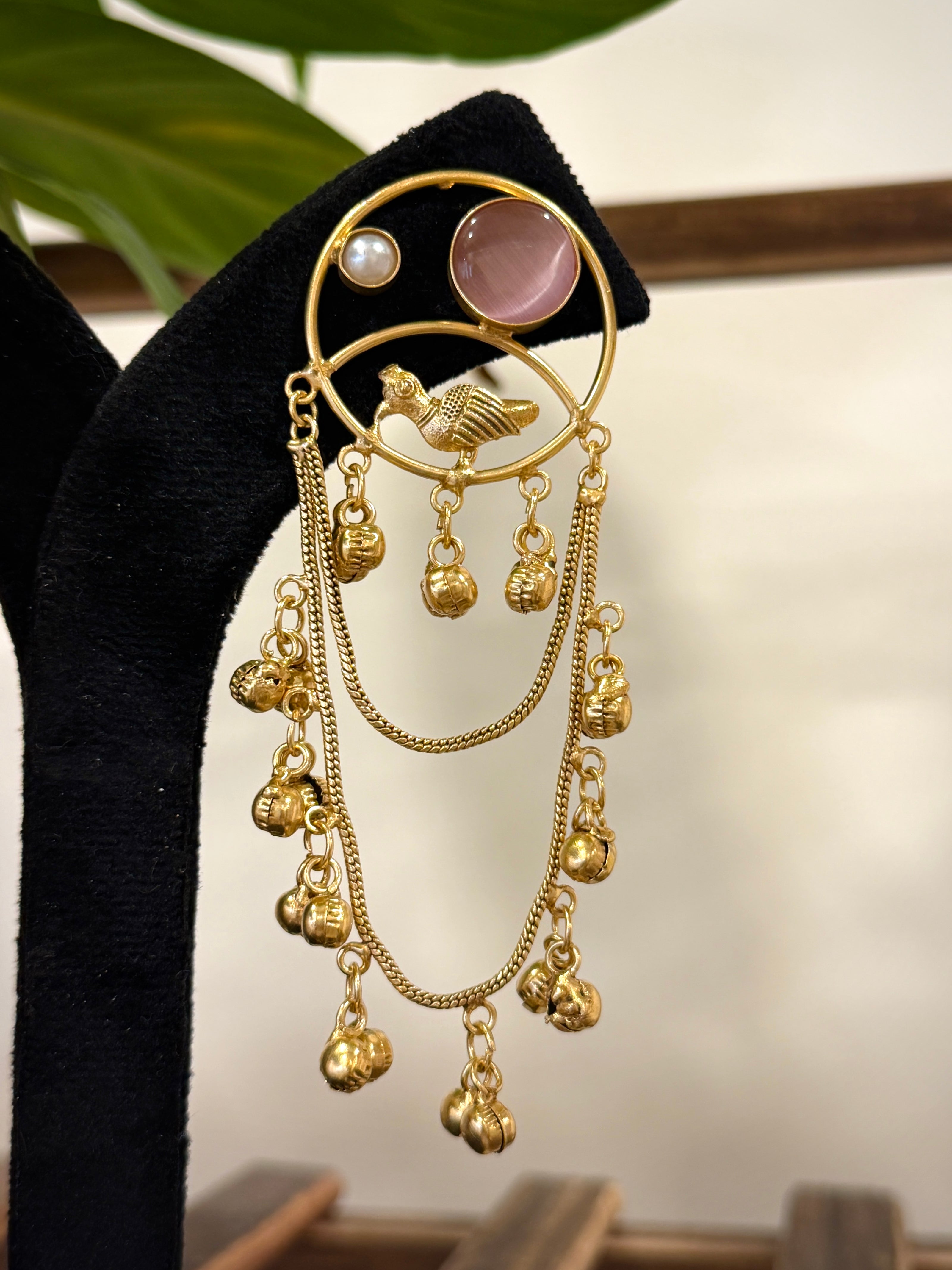 Golden Bird Motif Ghungroo Chain Earring Set