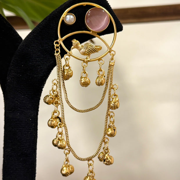 Golden Bird Motif Ghungroo Chain Earring Set