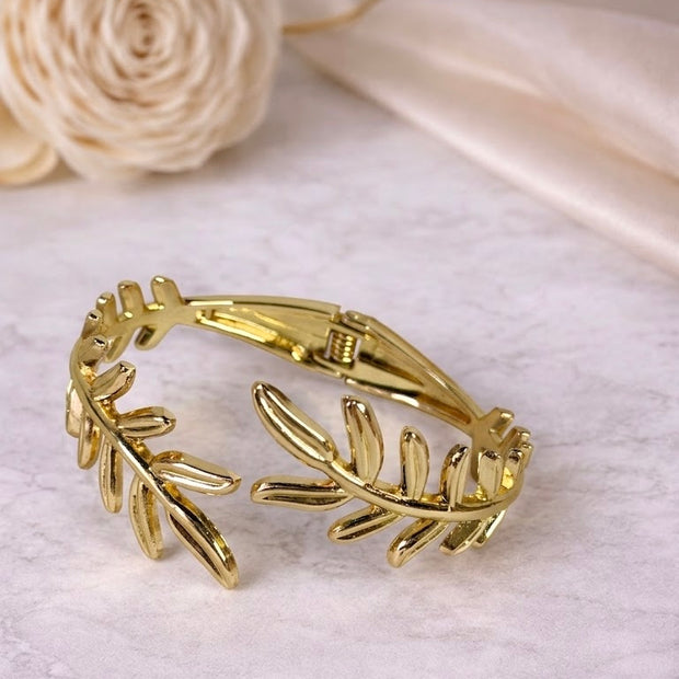 Gold Plated Olive Leaf Branch Hinged Cuff Bracelet