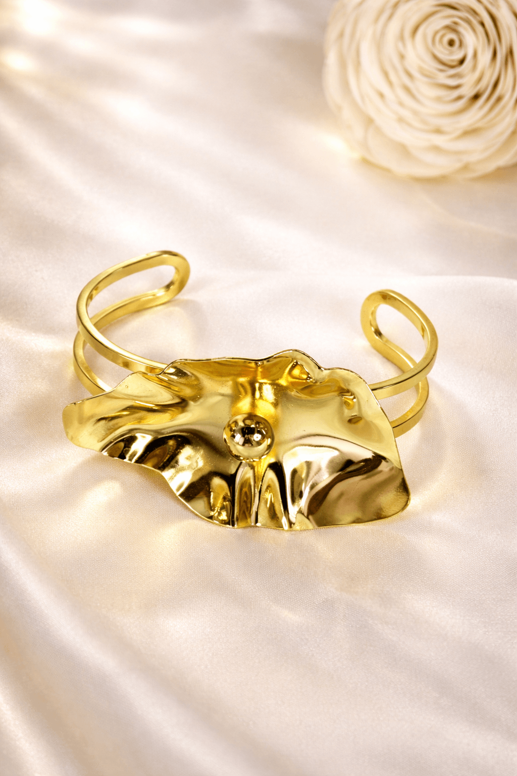 Golden Hammered Disc Double Band Open Cuff Bracelet