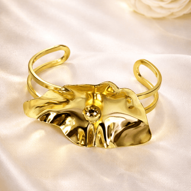 Golden Hammered Disc Double Band Open Cuff Bracelet