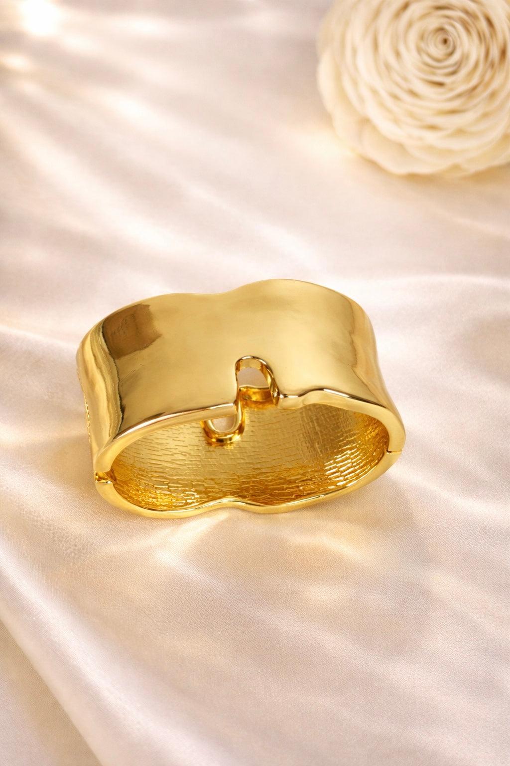 Gold-Plated Wide Wavy Edge Glossy Hinged Cuff Bracelet