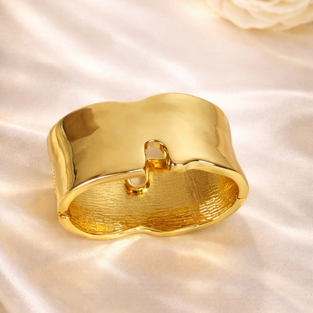 Gold-Plated Wide Wavy Edge Glossy Hinged Cuff Bracelet