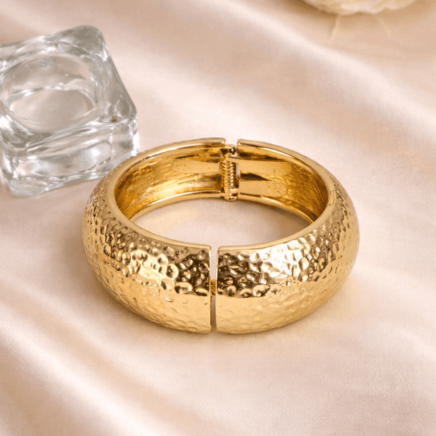 Golden Hammered Texture Dome Hinged Cuff Bracelet