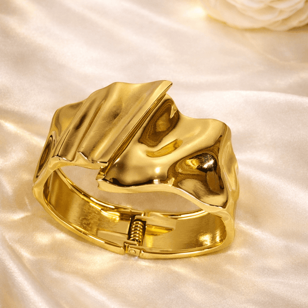 Gold-Plated Molten Wave Wide Hinged Cuff Bracelet