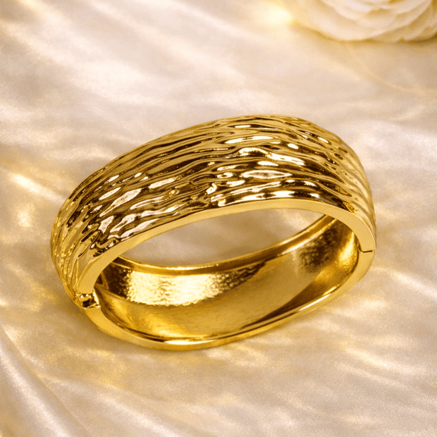 Golden Ripple Texture Wide Hinged Cuff Bracelet