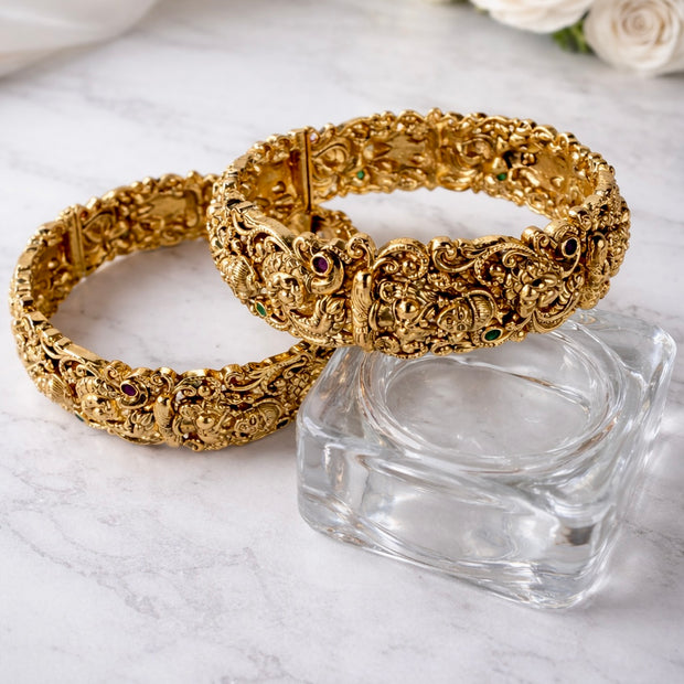 Heavy Lakshmi Peacock Temple Repoussé Bangles