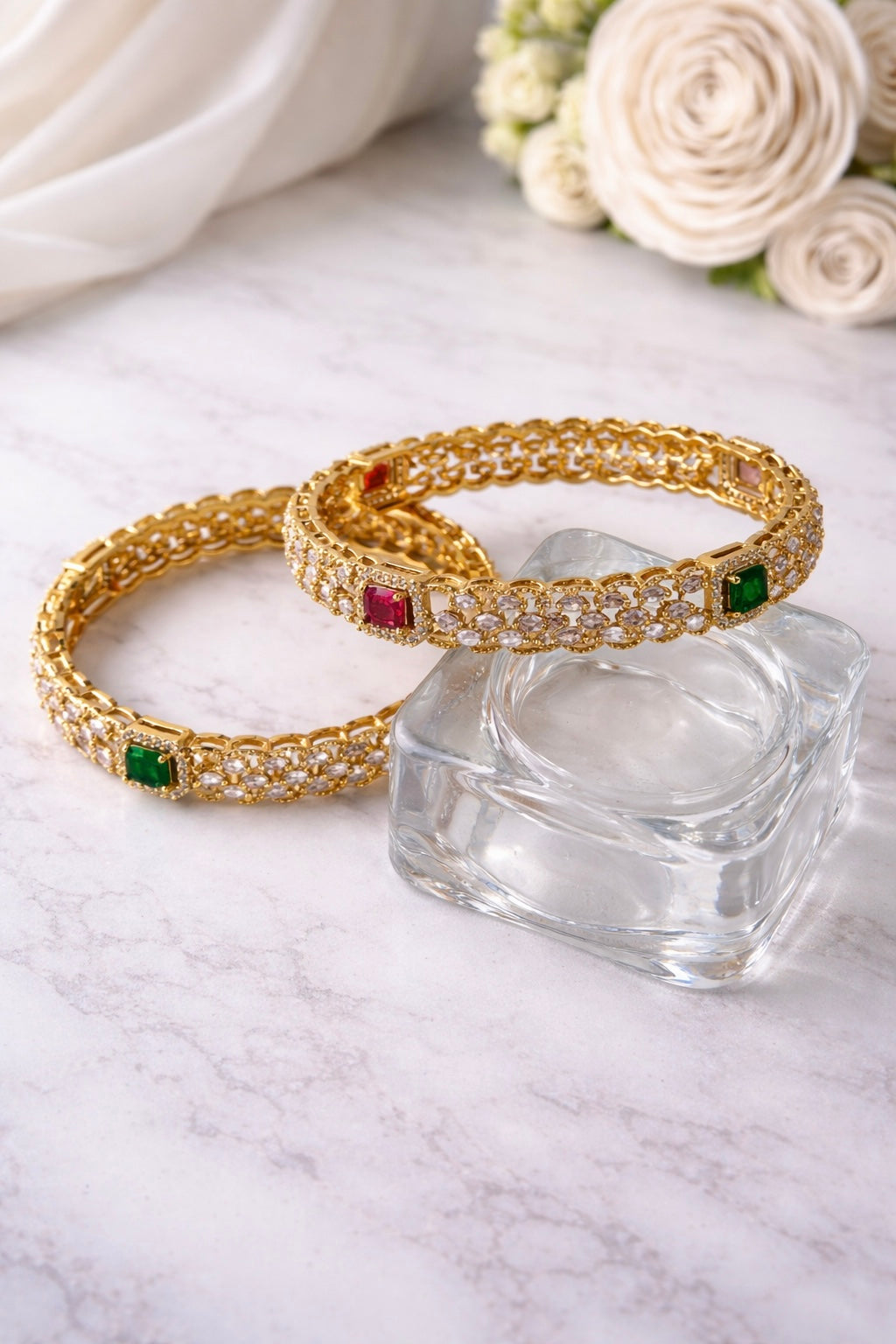 Elegant Polki CZ Multi-Stone Studded Bangles