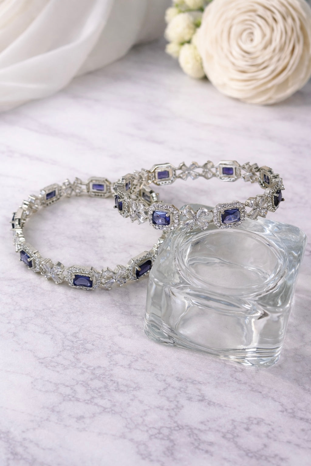 Silver CZ Emerald Cut Colour Stone Floral Bangles