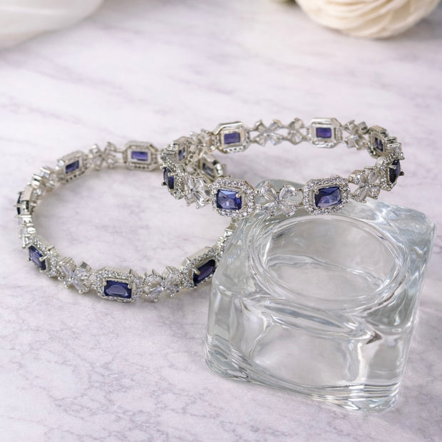 Silver CZ Emerald Cut Colour Stone Floral Bangles