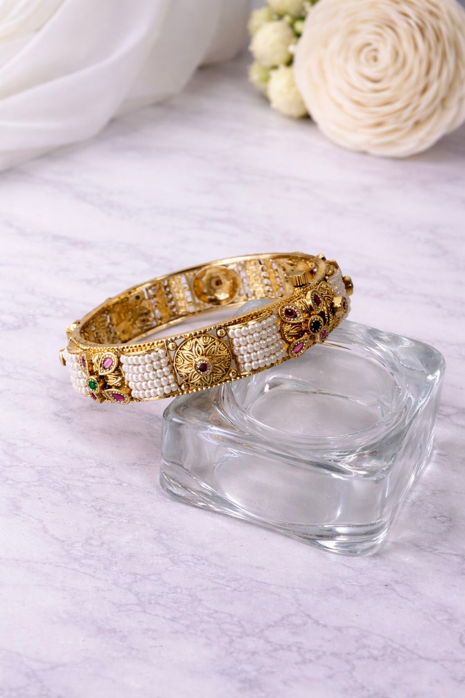 Elegant Seed Pearl Floral Motif Bangle Bracelet