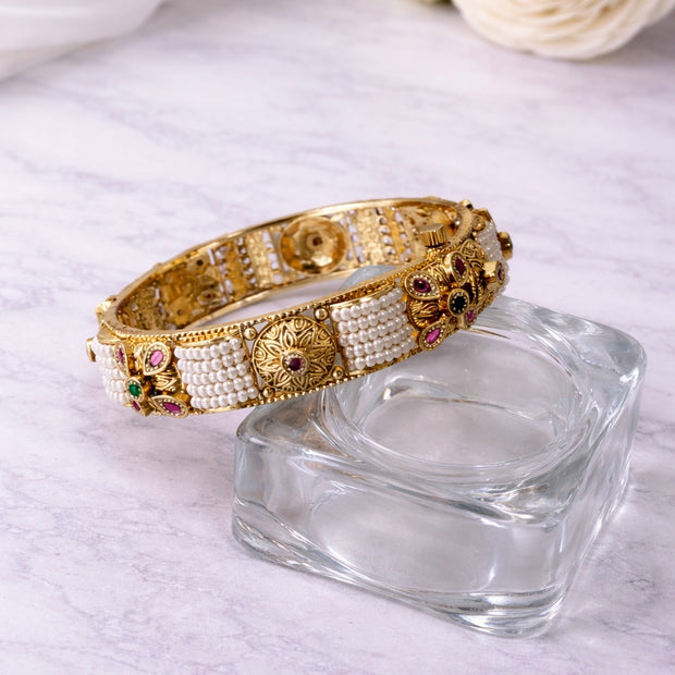 Elegant Seed Pearl Floral Motif Bangle Bracelet