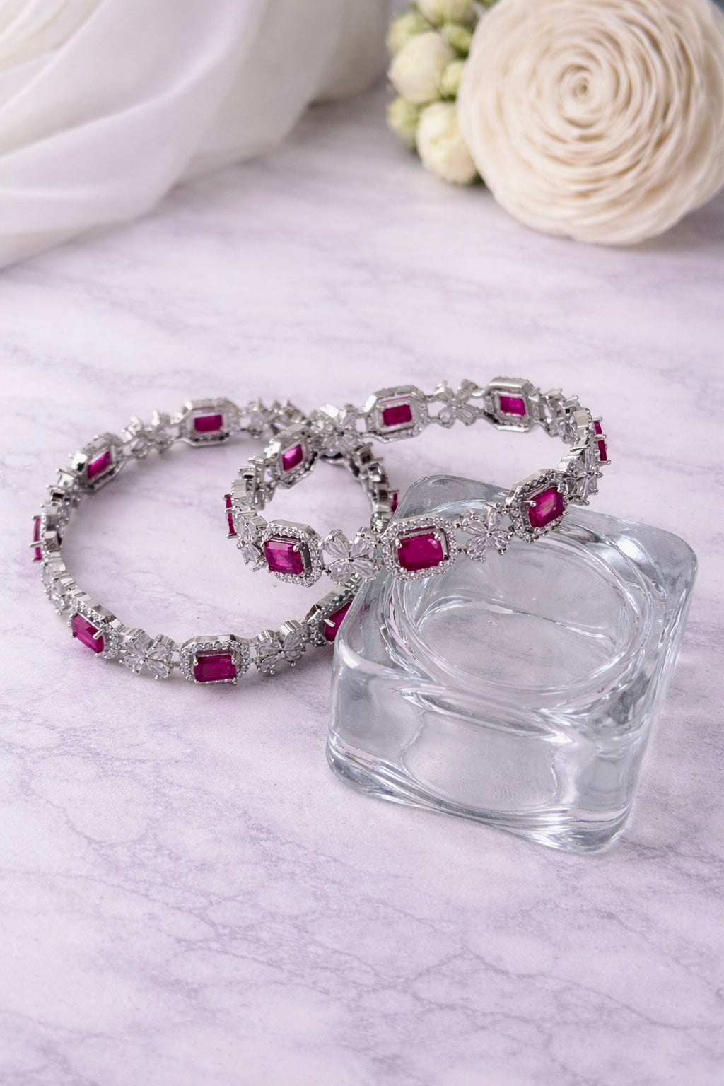 Silver CZ Emerald Cut Colour Stone Floral Bangles