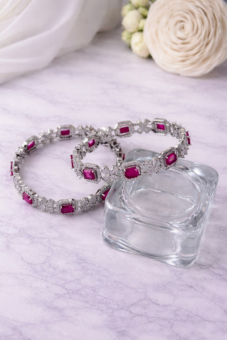 Silver CZ Emerald Cut Colour Stone Floral Bangles