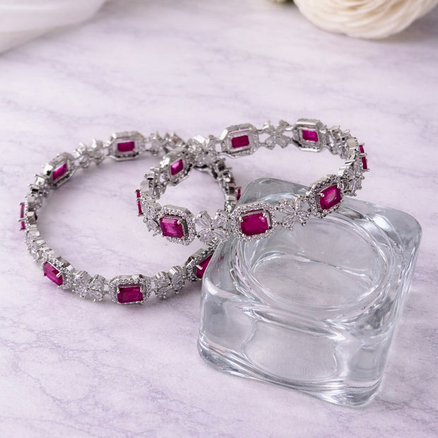 Silver CZ Emerald Cut Colour Stone Floral Bangles