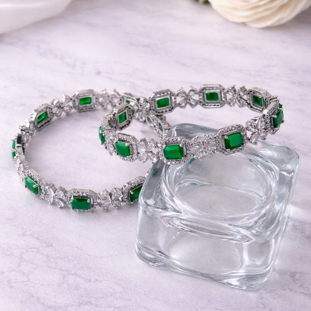 Silver CZ Emerald Cut Colour Stone Floral Bangles