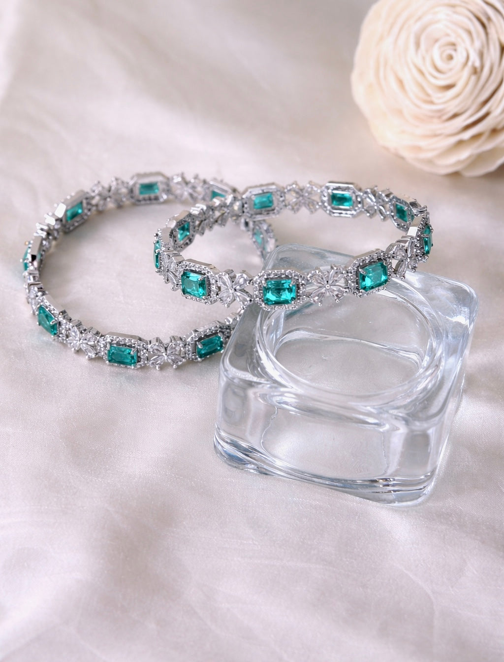 Silver CZ Emerald Cut Colour Stone Floral Bangles