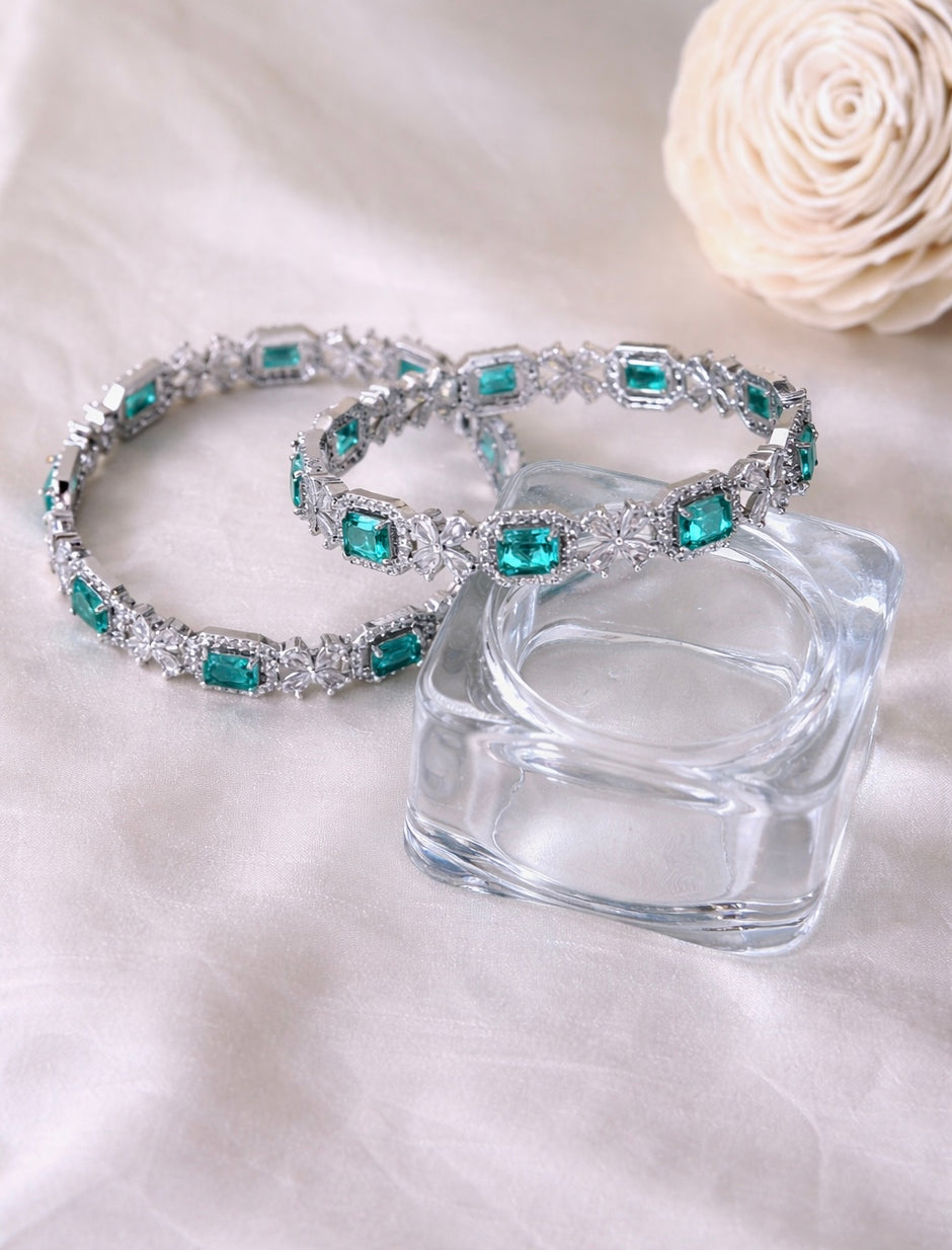 Silver CZ Emerald Cut Colour Stone Floral Bangles