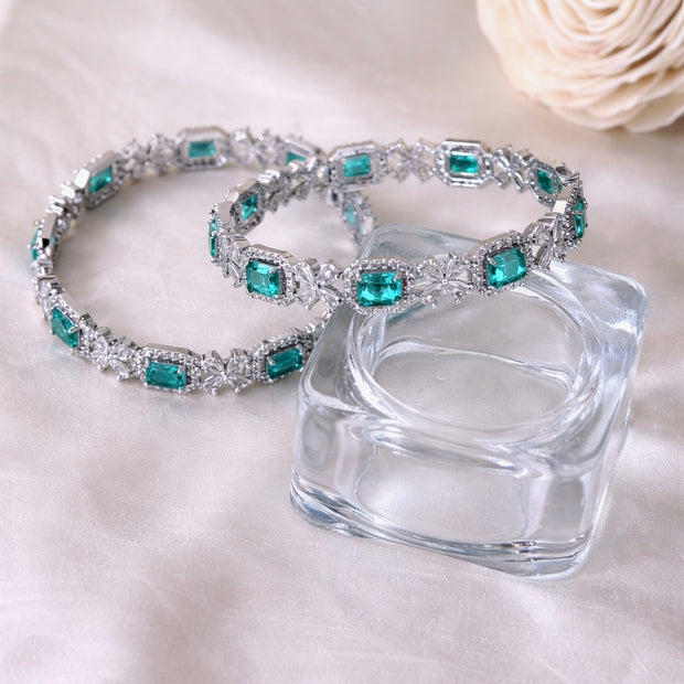 Silver CZ Emerald Cut Colour Stone Floral Bangles