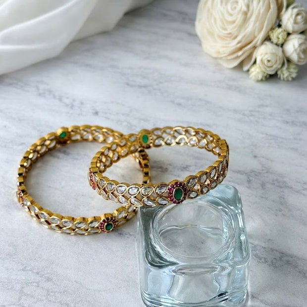 Elegant Polki Kundan Teardrop Coloured Stone Bangles