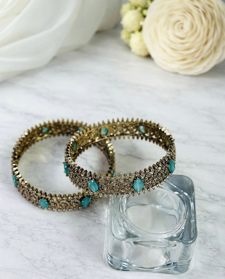Golden CZ Oval Stone Spike Edge Bangles