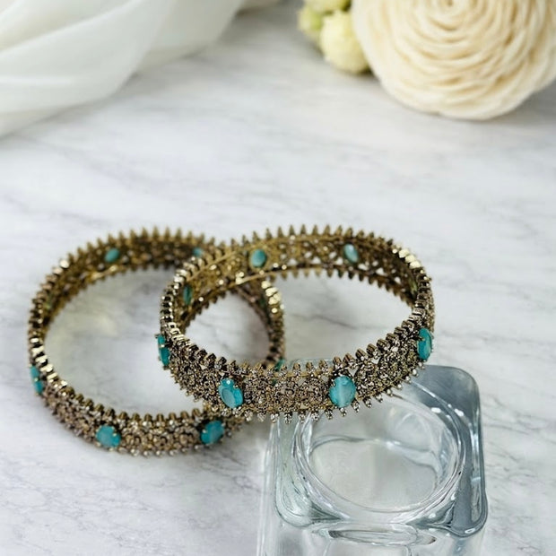 Golden CZ Oval Stone Spike Edge Bangles