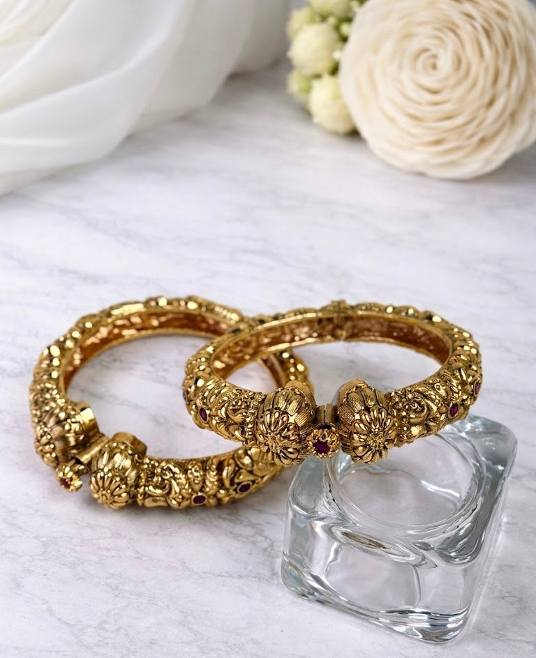 Golden Handcrafted Floral Temple Bangles