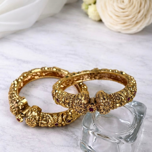 Golden Handcrafted Floral Temple Bangles
