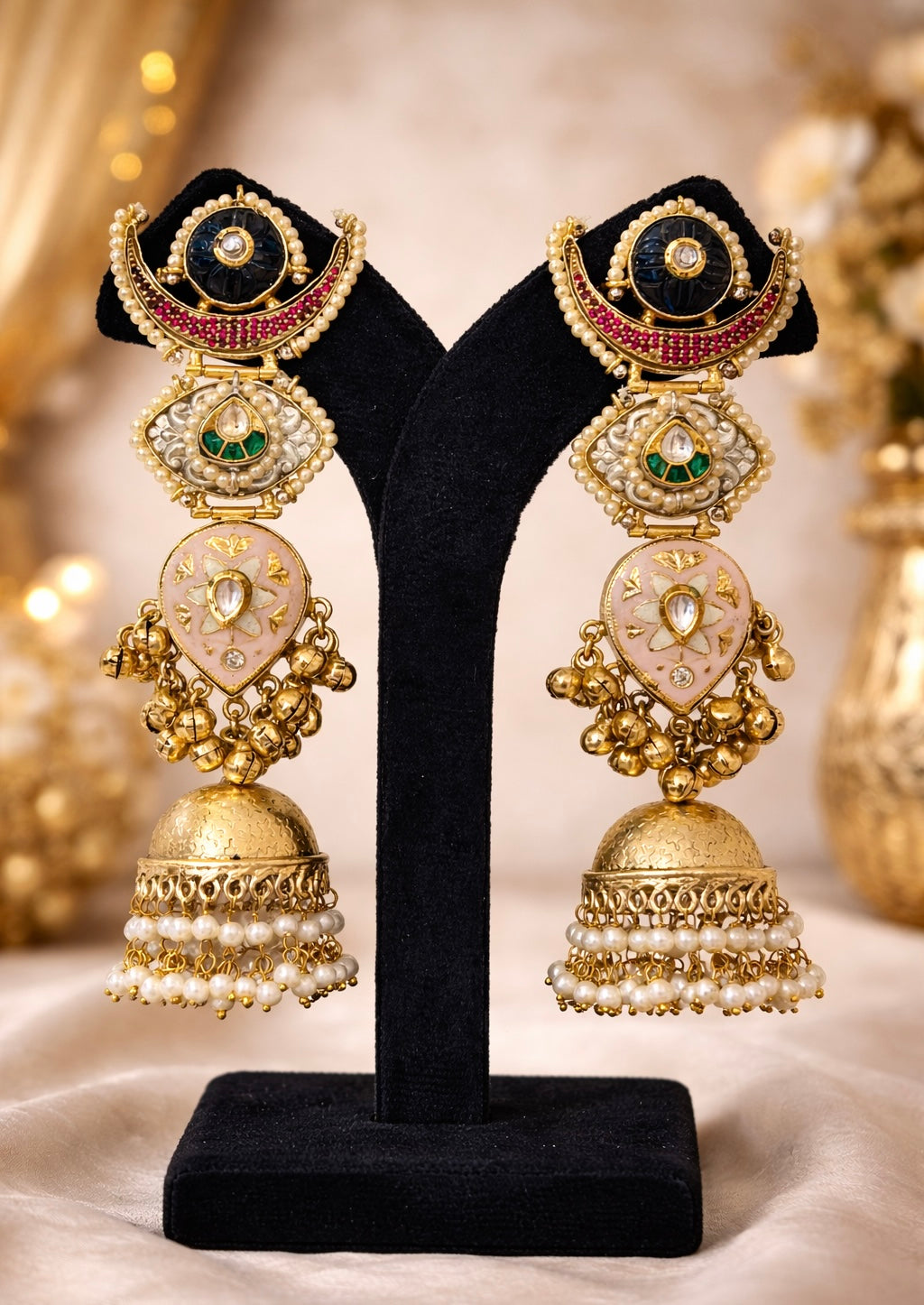 Chandbali Pink Meenakari Gungroo Kashmiri Jhumka Earrings