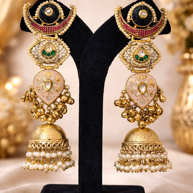 Chandbali Pink Meenakari Gungroo Kashmiri Jhumka Earrings