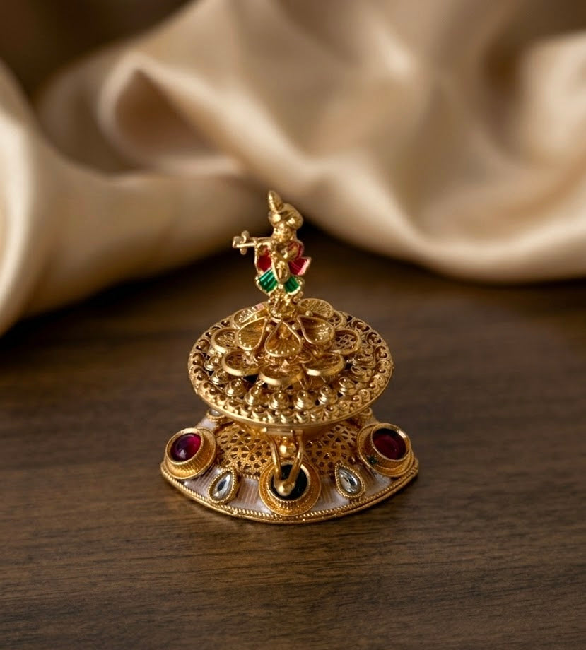 Krishna Flute Filigree Meenakari Multi Stone Kumkum Box
