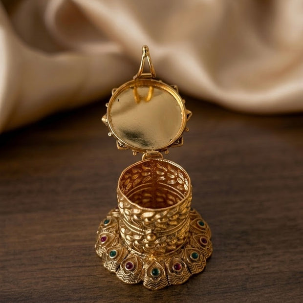 Gold Flower Nakshi Multi Kemp Stone Cylinder Kumkum Box