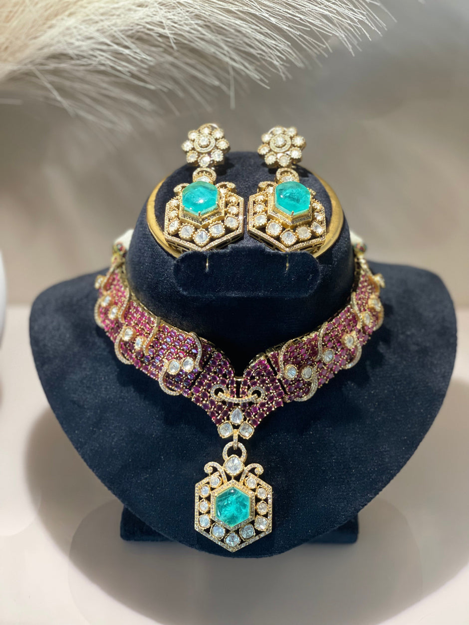 Turquoise-Emerald Choker Necklace Set