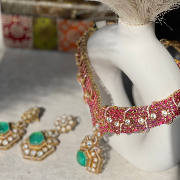 Turquoise-Emerald Choker Necklace Set