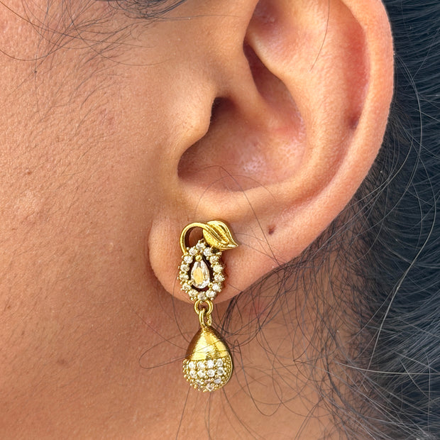 Close-up of a person wearing a gold earring 