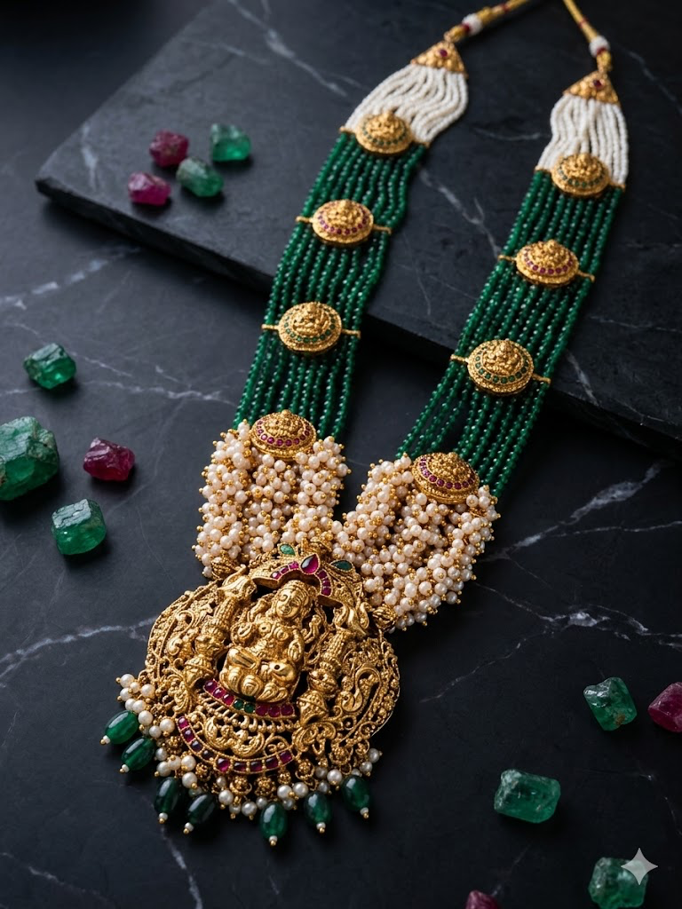 Lakshmi Pendant Emerald/Ruby/Pearl Necklace Set