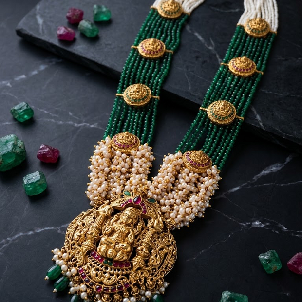 Lakshmi Pendant Emerald/Ruby/Pearl Necklace Set