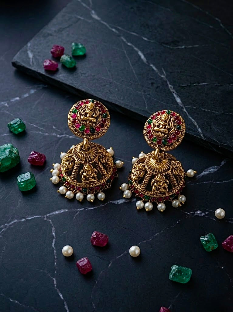 Lakshmi Pendant Emerald/Ruby/Pearl Necklace Set